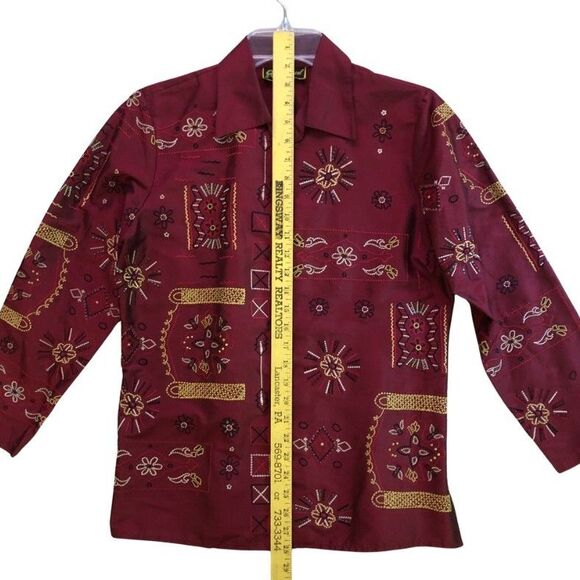 Mirasol Silk Embroidered Blouse Womens Size S VTG Burgundy Boho Embellished - Picture 12 of 16